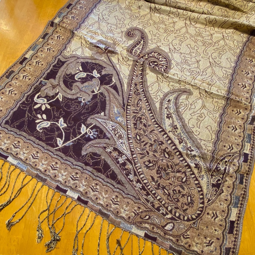 Pashmina Scarf Shawl Womens Gold Burgundy Excellent Metallic Paisley Fringe
